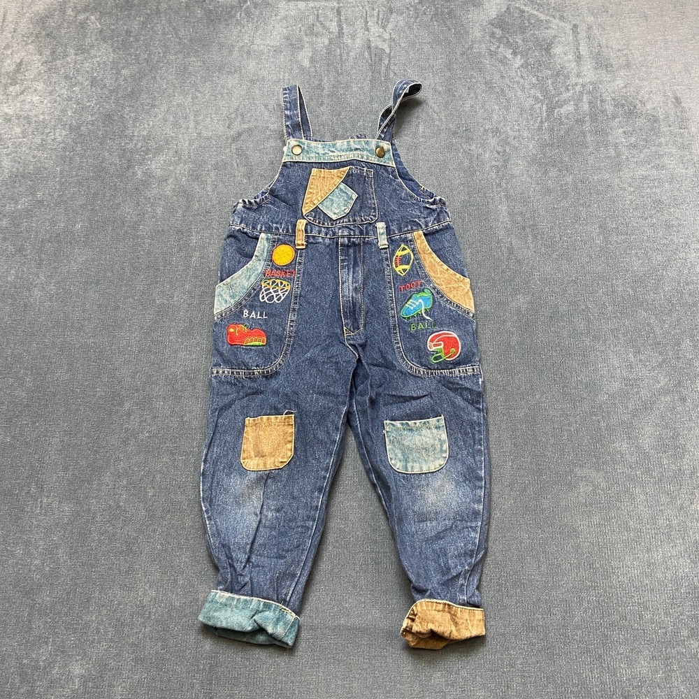 Vintage Animals Club Overalls Kids Blue Denim Patchwork Embroidered Pockets